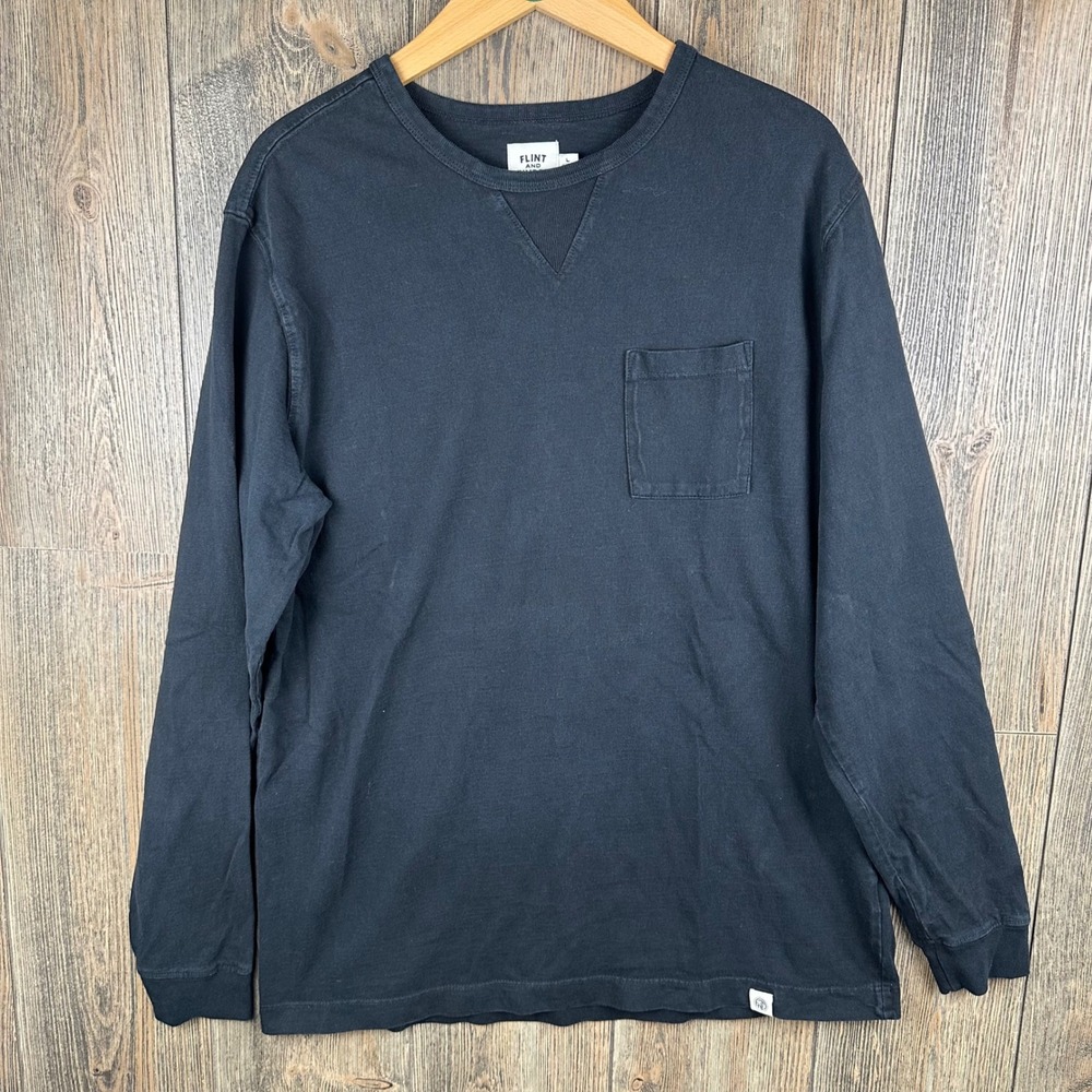 Flint and Tinder Mens Long Sleeve Pocket T-Shirt Black Cotton Made in USA Large